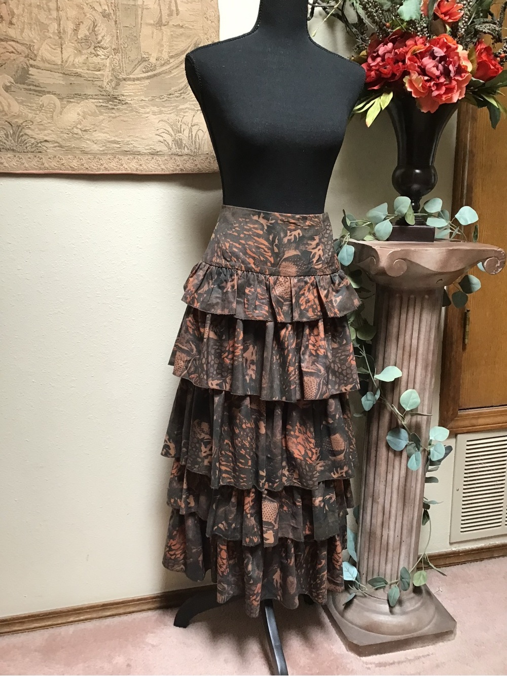 Tiered Ruffle Unique Maxi Skirt in Brown and Black Print